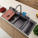 Multifunctional Kitchen Sink with Dual Waterfall and Dish & Utensil Rack
